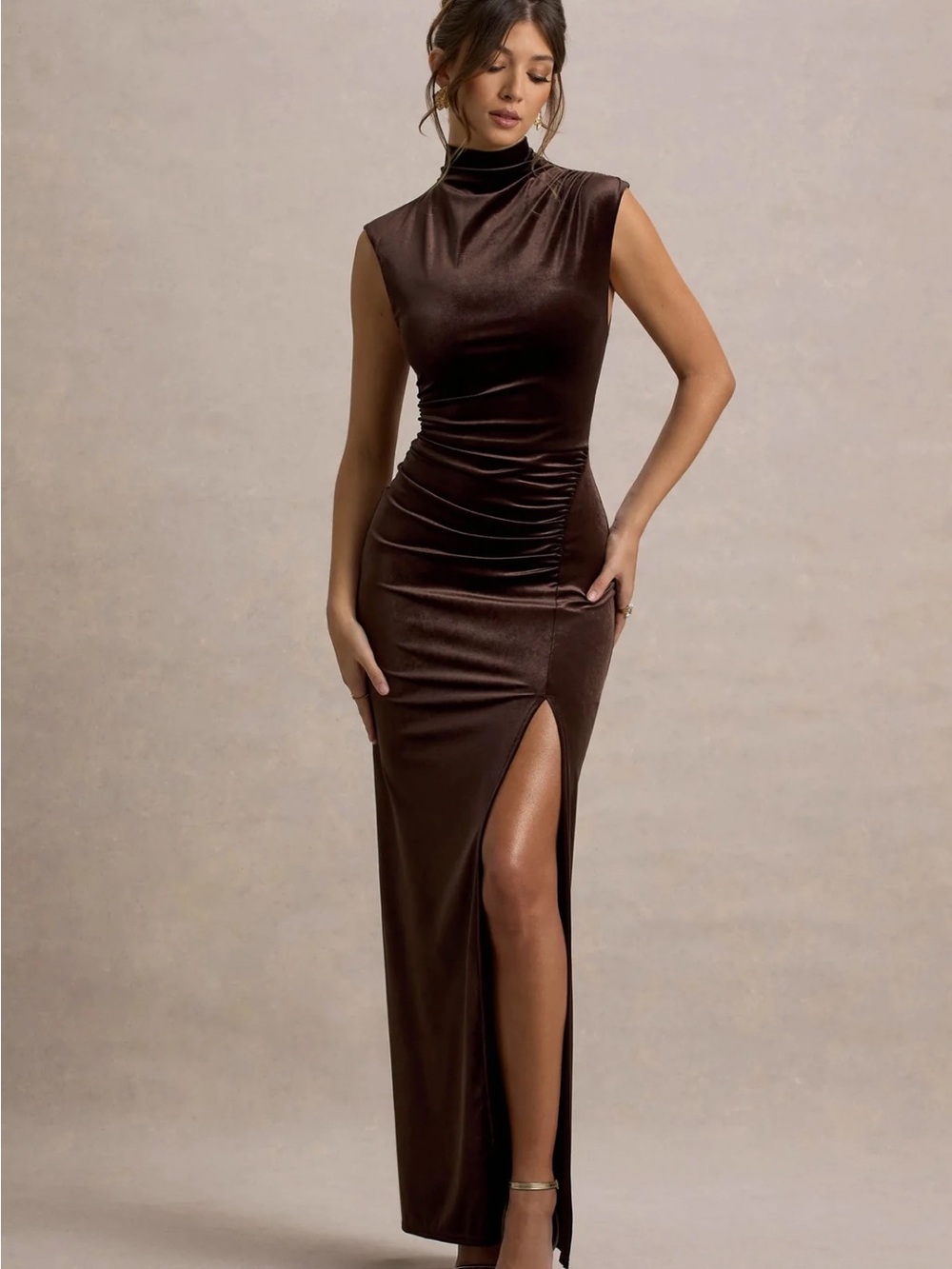 Club L London Brown Velvet Sleeveless High-Neck Maxi Dress with Side Slit